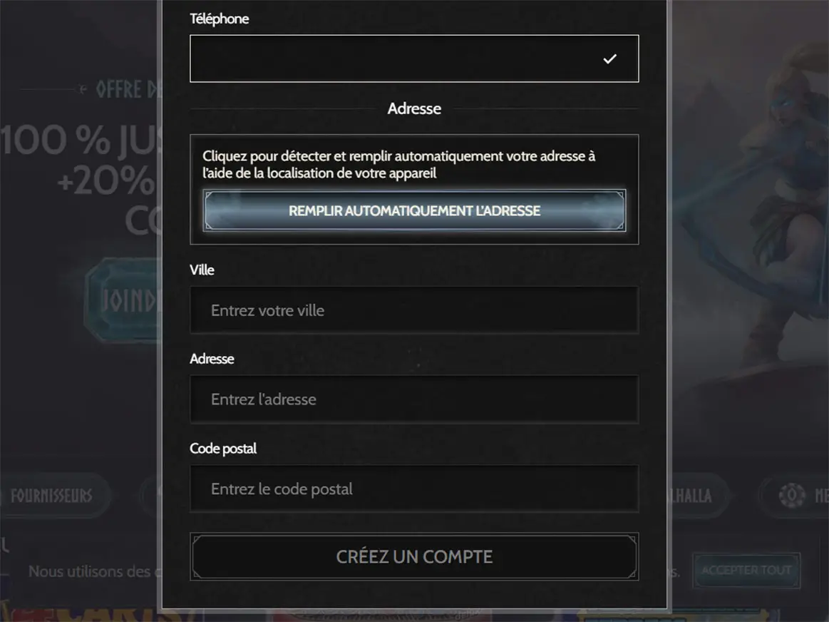 Champs téléphone, ville, adresse et code postal avec bouton Créez un compte visible.